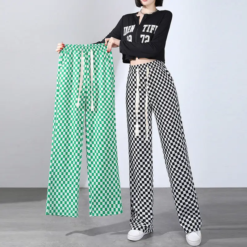 Women Ice Silk Checkered Wide Leg Pants Black White Leopard Print - Image 6