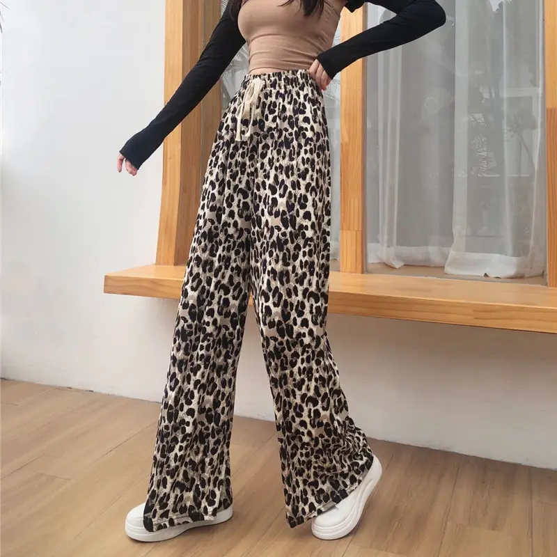 Women Ice Silk Checkered Wide Leg Pants Black White Leopard Print - Image 7