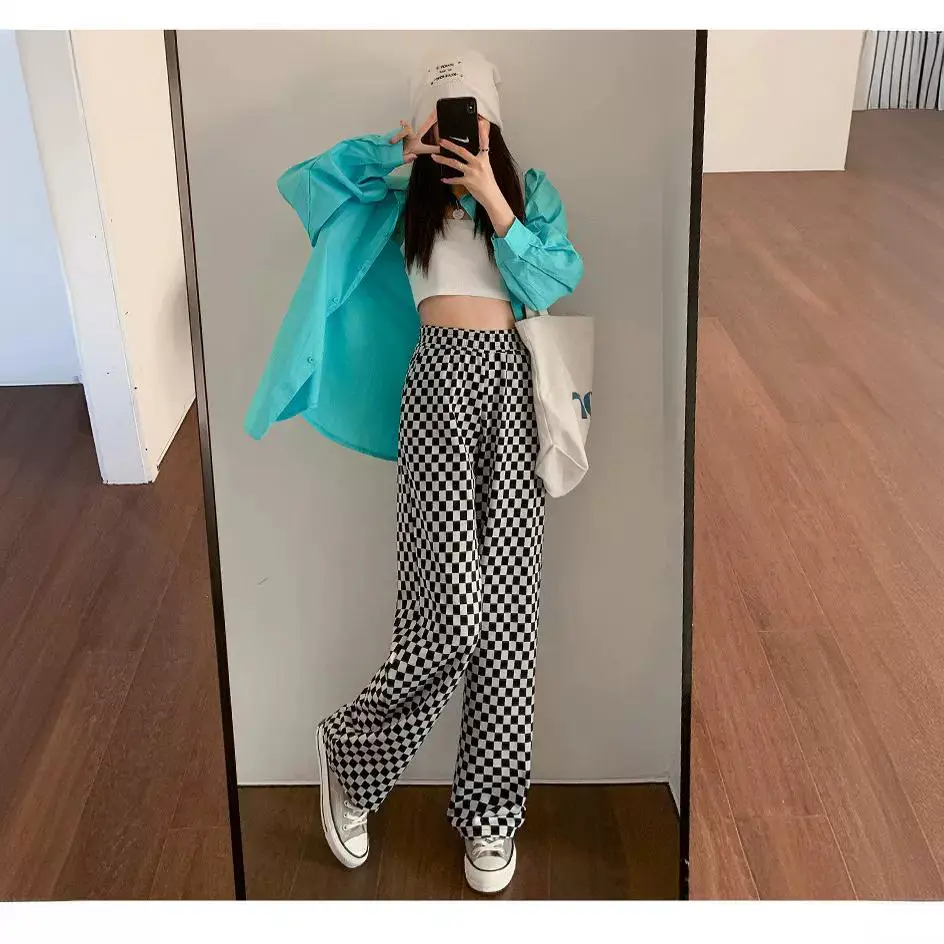 Women Ice Silk Checkered Wide Leg Pants Black White Leopard Print - Image 8