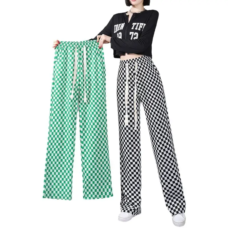 Women Ice Silk Checkered Wide Leg Pants Black White Leopard Print - Image 9