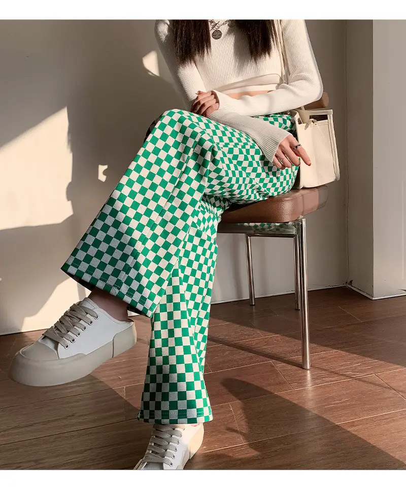 Women Ice Silk Checkered Wide Leg Pants Black White Leopard Print - Image 2