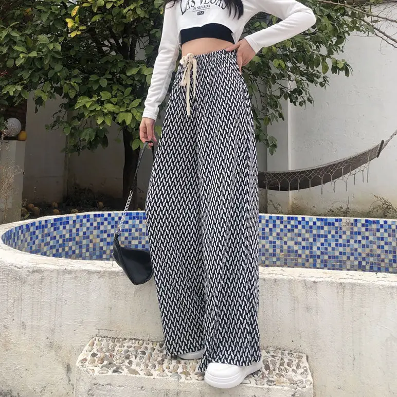 Women Ice Silk Checkered Wide Leg Pants Black White Leopard Print - Image 3
