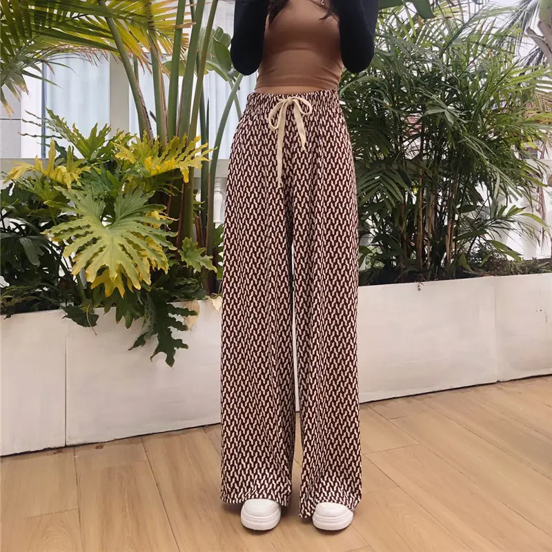 Women Ice Silk Checkered Wide Leg Pants Black White Leopard Print - Image 4