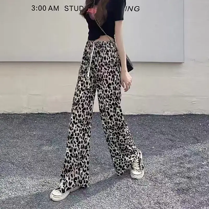 Women Ice Silk Checkered Wide Leg Pants Black White Leopard Print - Image 5