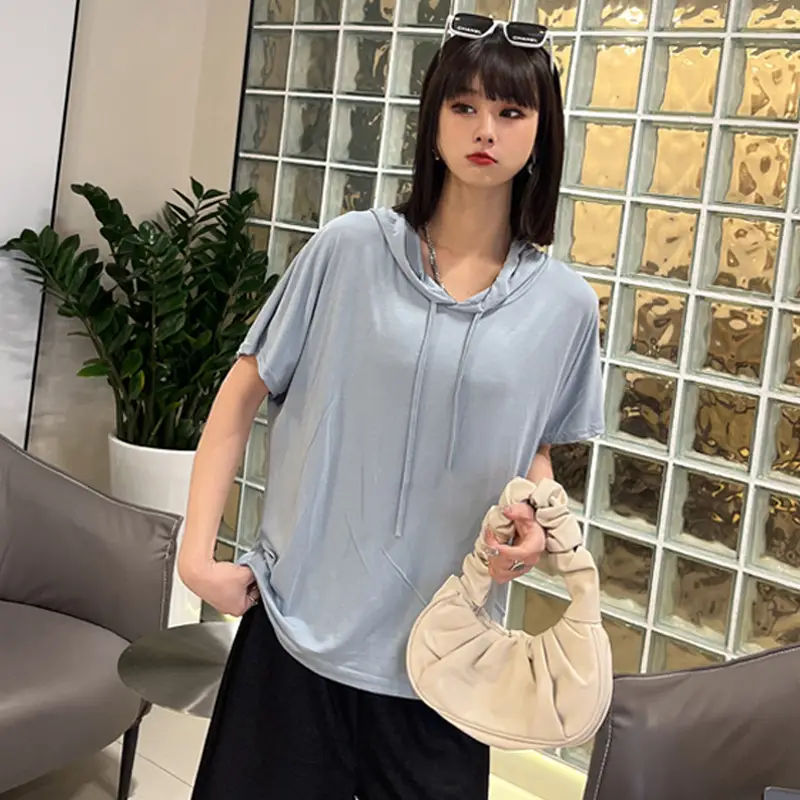 Women Light Blue Hooded T-Shirt Large Loose Summer Wear - Image 12