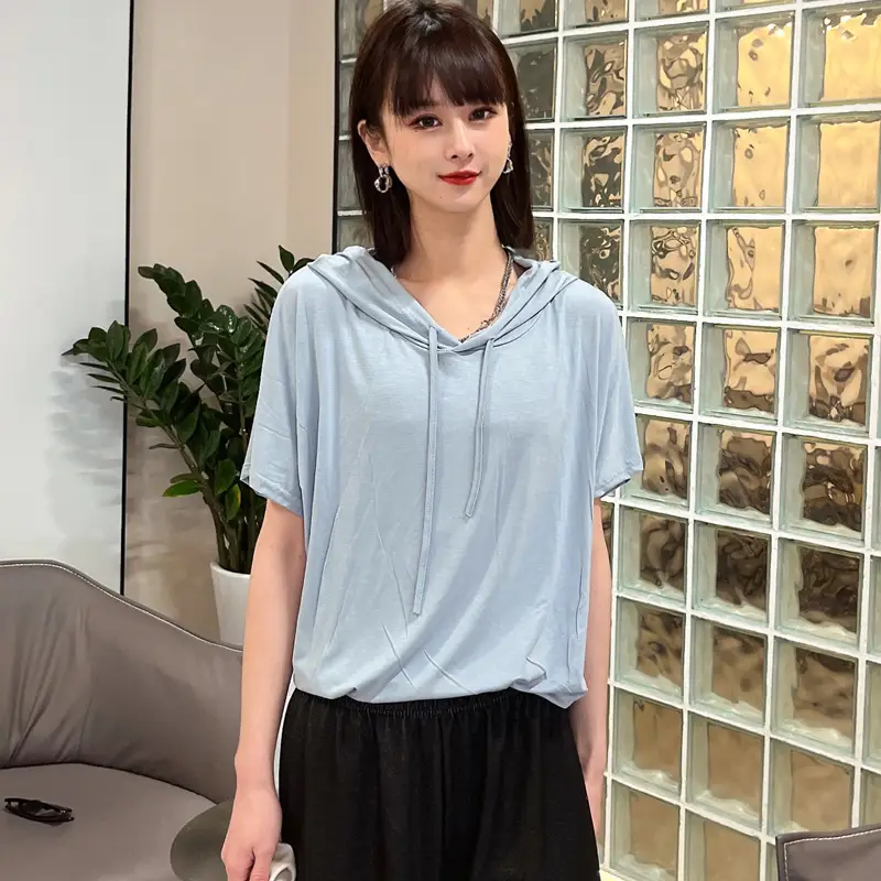 Women Light Blue Hooded T-Shirt Large Loose Summer Wear - Image 13