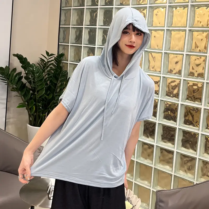 Women Light Blue Hooded T-Shirt Large Loose Summer Wear - Image 14