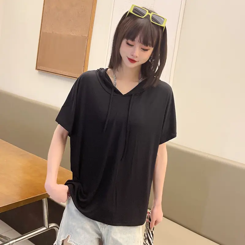 Women Light Blue Hooded T-Shirt Large Loose Summer Wear - Image 15