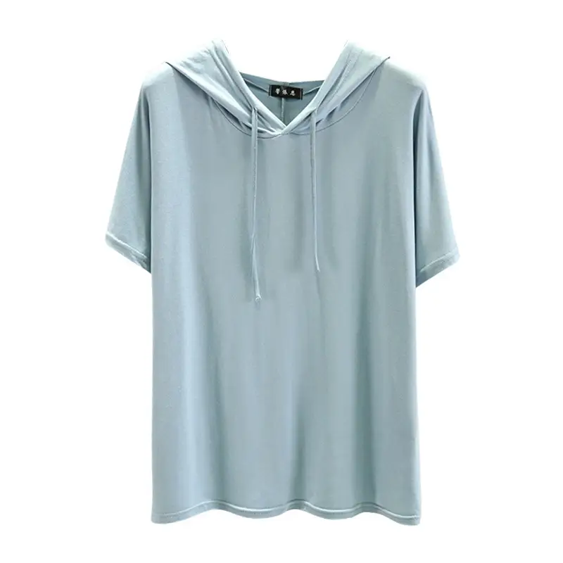 Women Light Blue Hooded T-Shirt Large Loose Summer Wear - Image 16