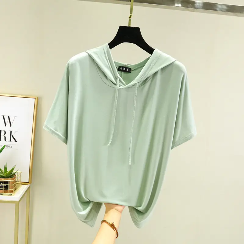 Women Light Blue Hooded T-Shirt Large Loose Summer Wear - Image 10