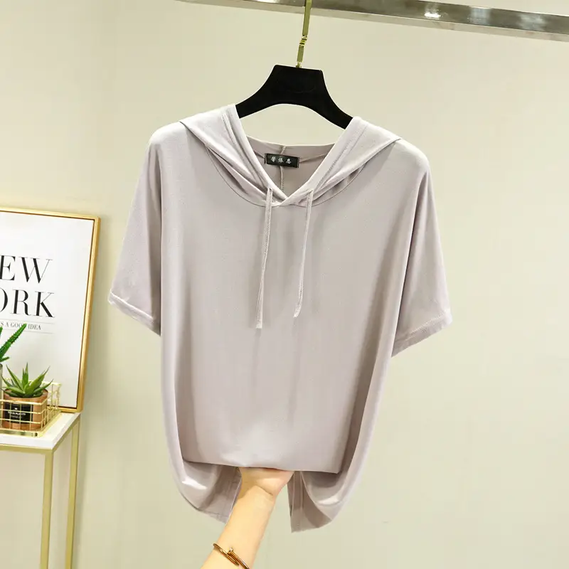 Women Light Blue Hooded T-Shirt Large Loose Summer Wear - Image 11