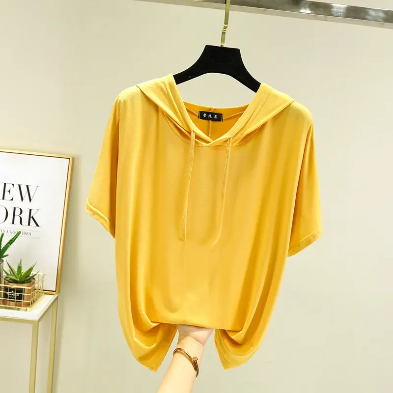 Women Light Blue Hooded T-Shirt Large Loose Summer Wear - Image 2