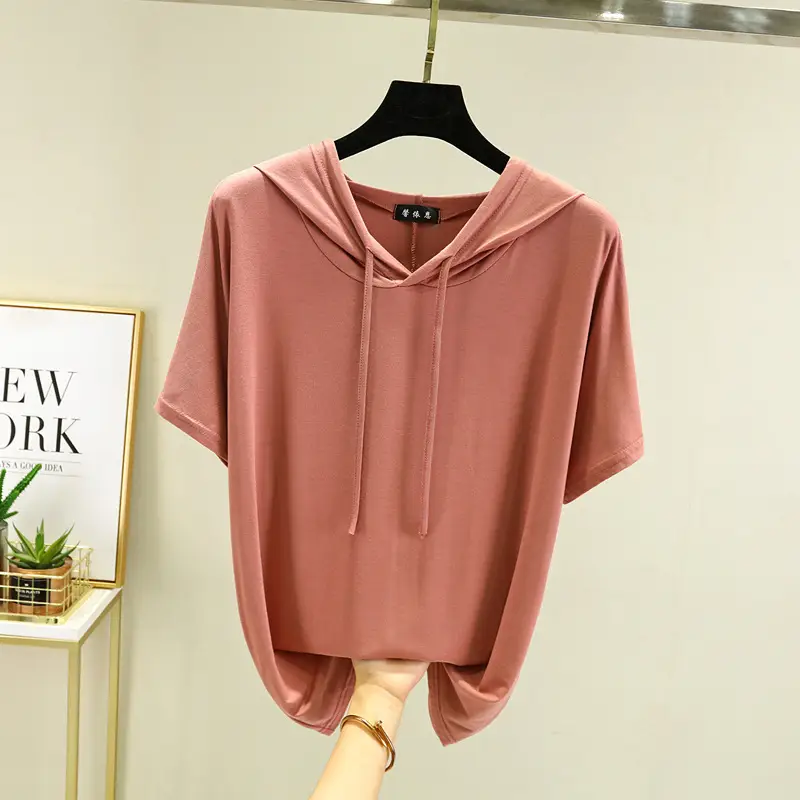 Women Light Blue Hooded T-Shirt Large Loose Summer Wear - Image 3