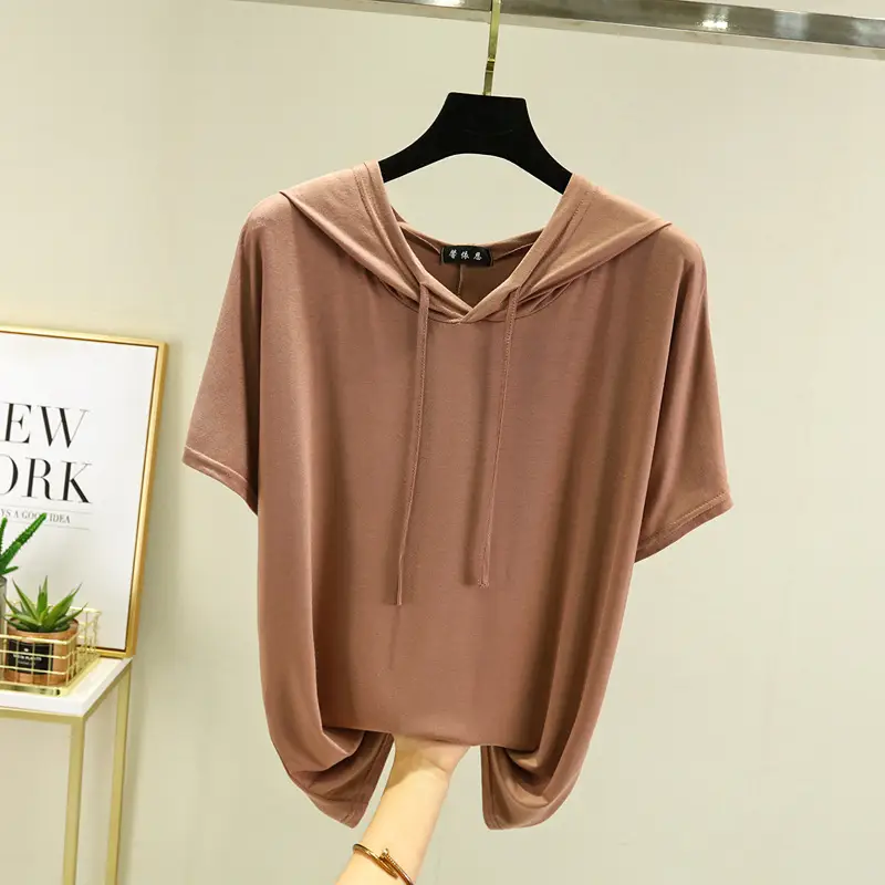 Women Light Blue Hooded T-Shirt Large Loose Summer Wear - Image 4