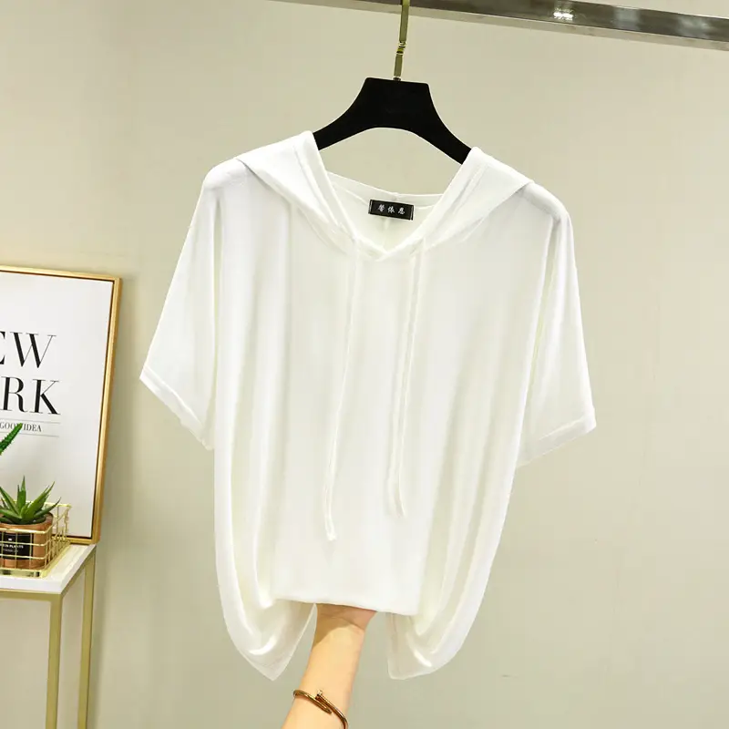 Women Light Blue Hooded T-Shirt Large Loose Summer Wear - Image 5