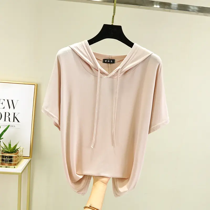 Women Light Blue Hooded T-Shirt Large Loose Summer Wear - Image 7