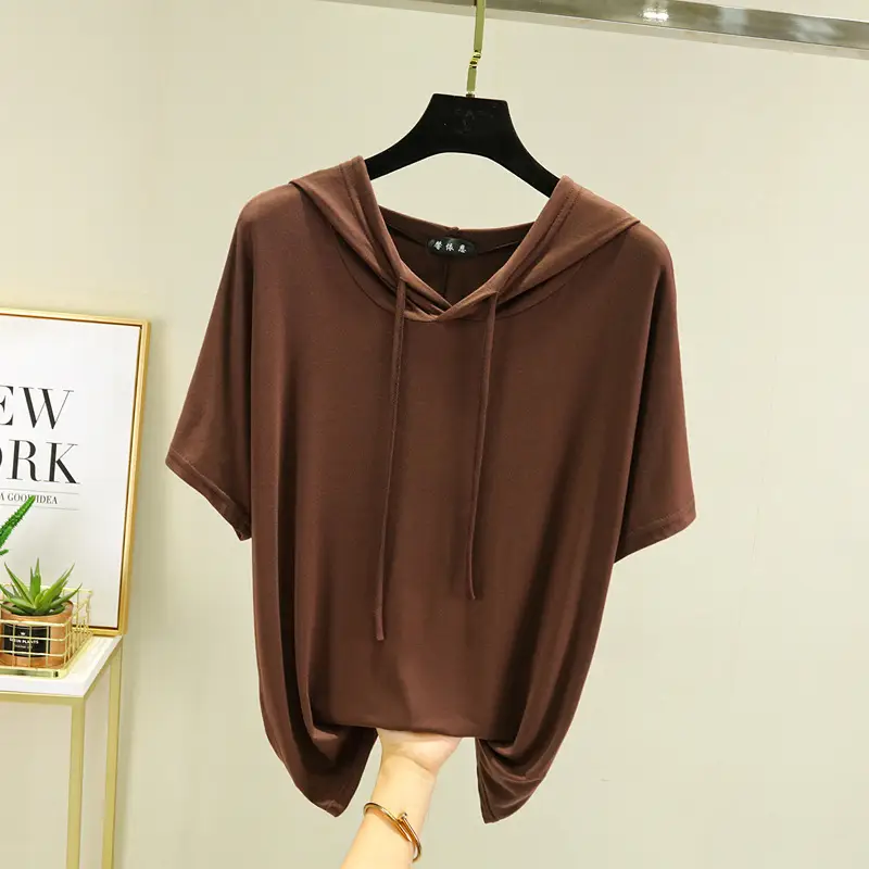 Women Light Blue Hooded T-Shirt Large Loose Summer Wear - Image 8