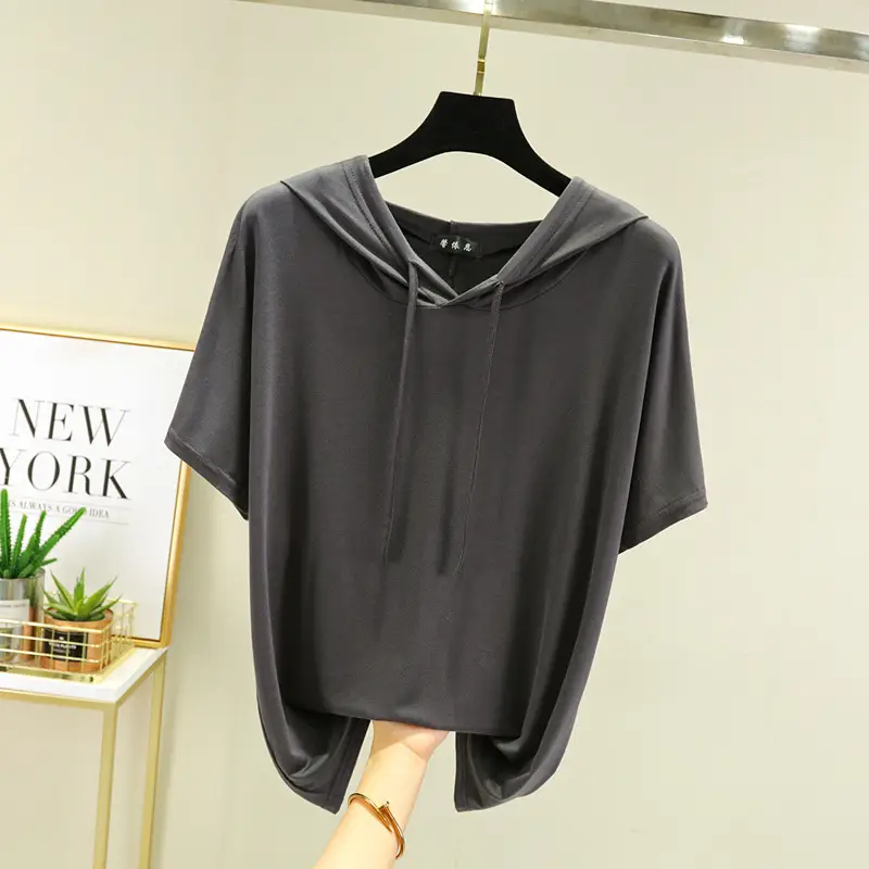 Women Light Blue Hooded T-Shirt Large Loose Summer Wear - Image 9