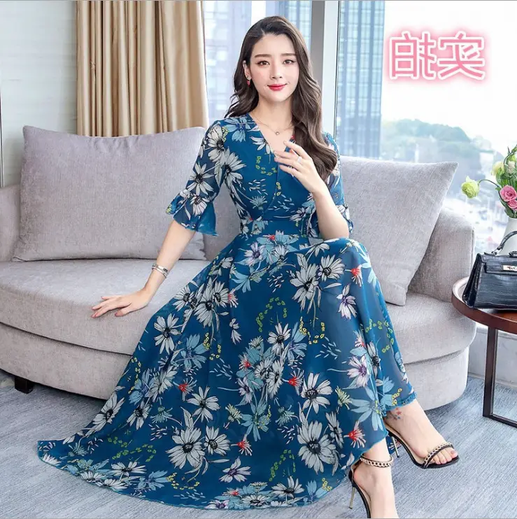 Red Floral Over-the-Knee Long Dress for Women - Image 3