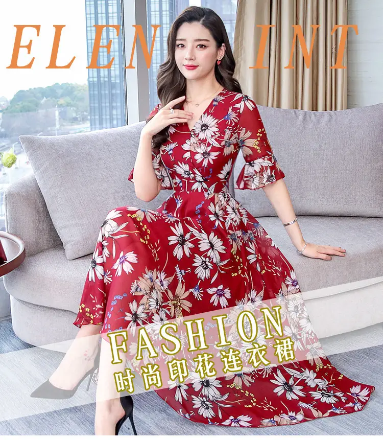 Red Floral Over-the-Knee Long Dress for Women — feature 1