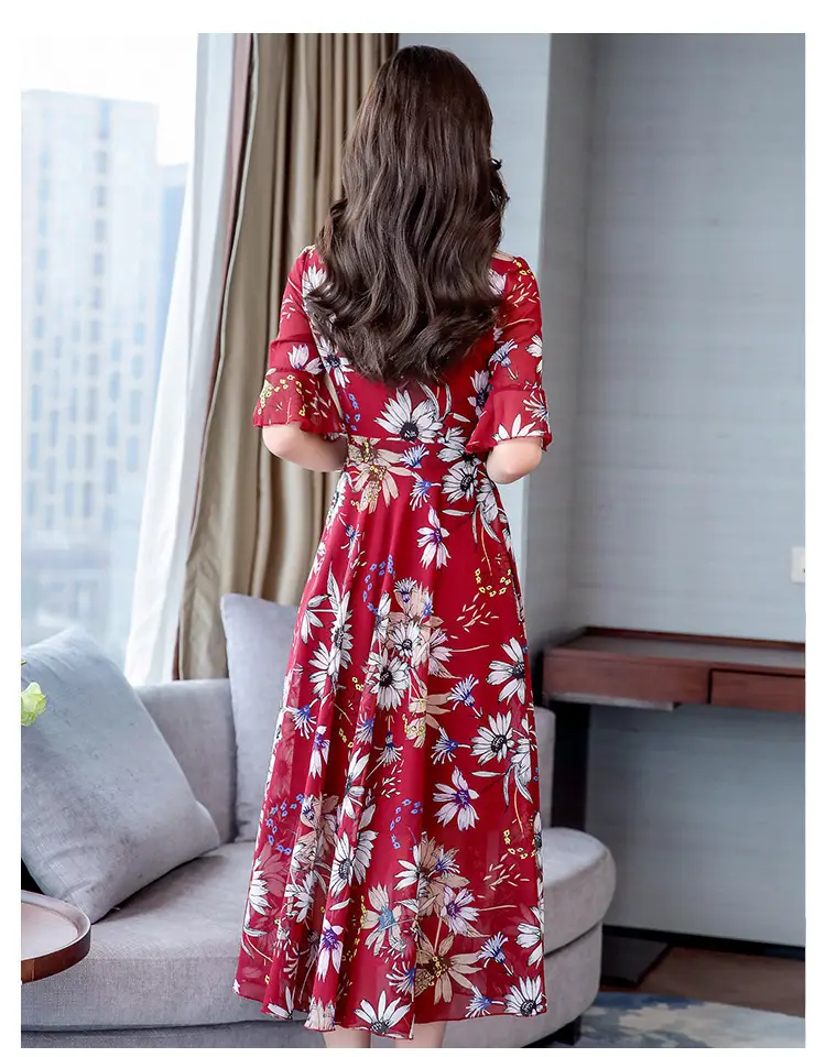 Red Floral Over-the-Knee Long Dress for Women — feature 10