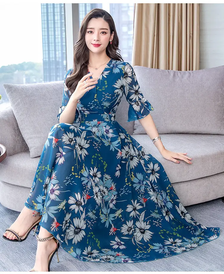 Red Floral Over-the-Knee Long Dress for Women — feature 11