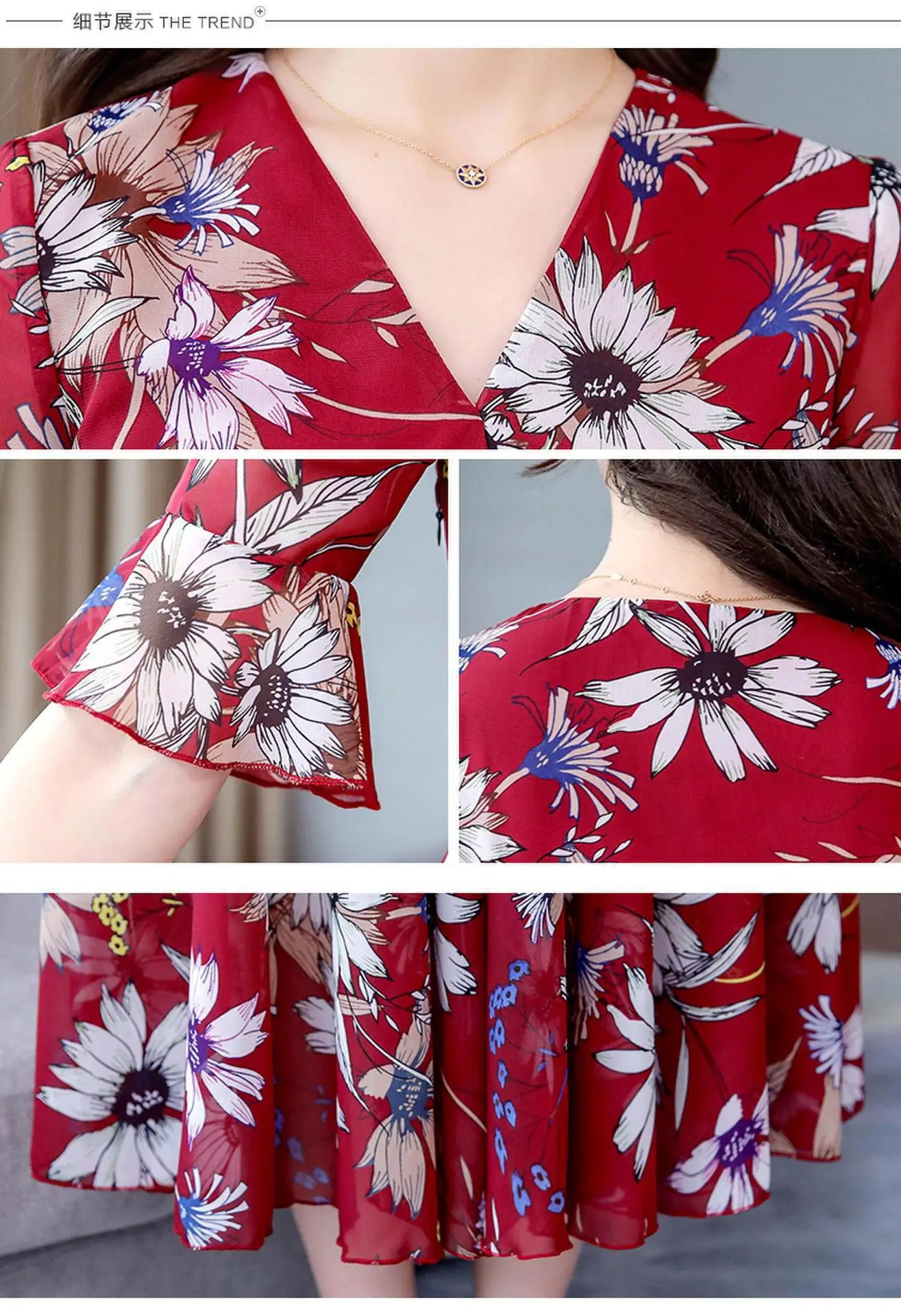 Red Floral Over-the-Knee Long Dress for Women — feature 17