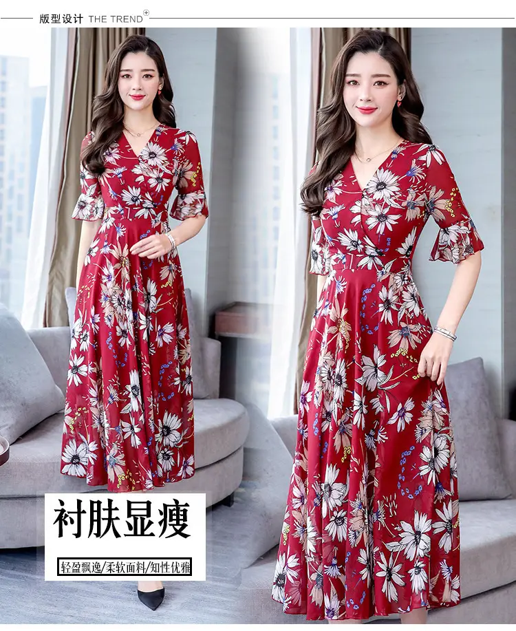 Red Floral Over-the-Knee Long Dress for Women — feature 2