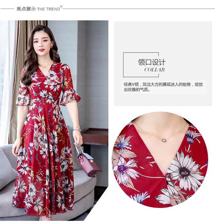 Red Floral Over-the-Knee Long Dress for Women — feature 3