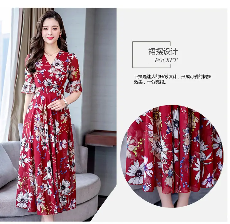 Red Floral Over-the-Knee Long Dress for Women — feature 4