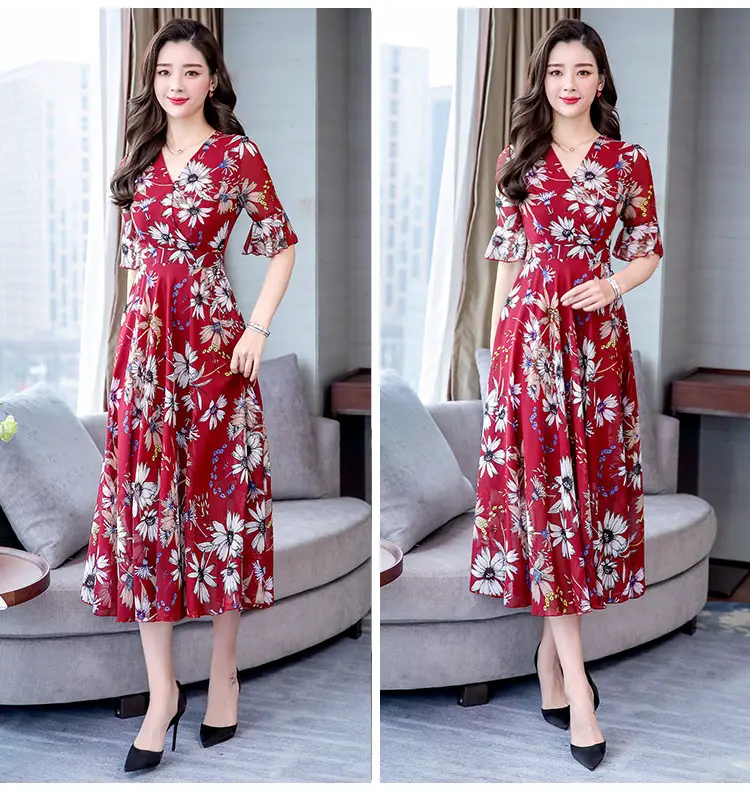 Red Floral Over-the-Knee Long Dress for Women — feature 7