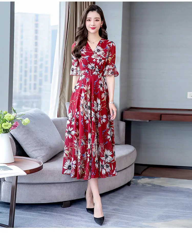 Red Floral Over-the-Knee Long Dress for Women — feature 8