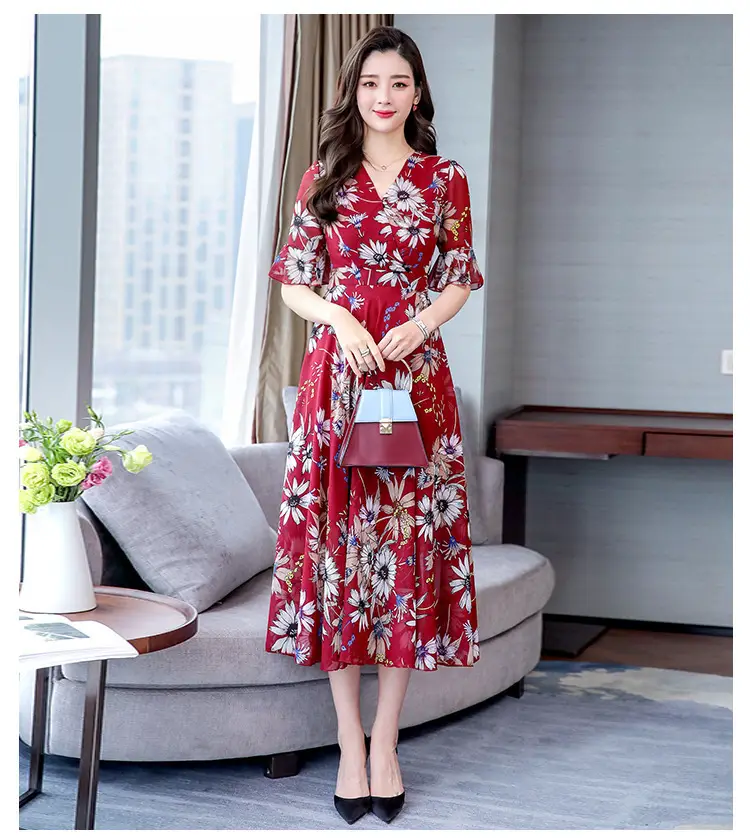 Red Floral Over-the-Knee Long Dress for Women — feature 9