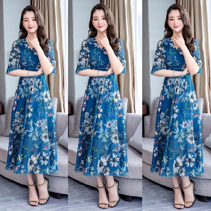 Red Floral Over-the-Knee Long Dress for Women - Image 2