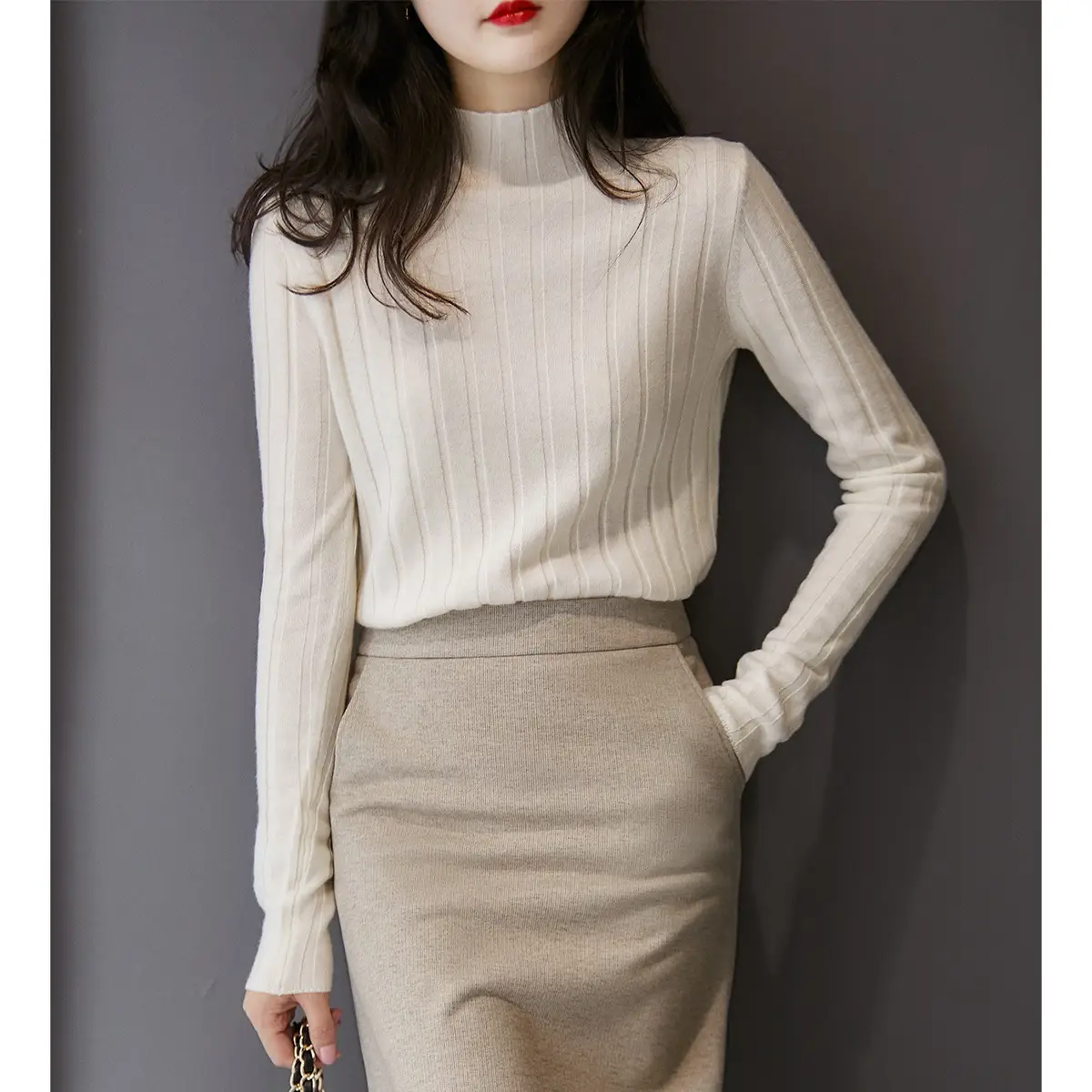 Women's Cream Knit Sweater with High Neck & Silk Skirt - Image 8