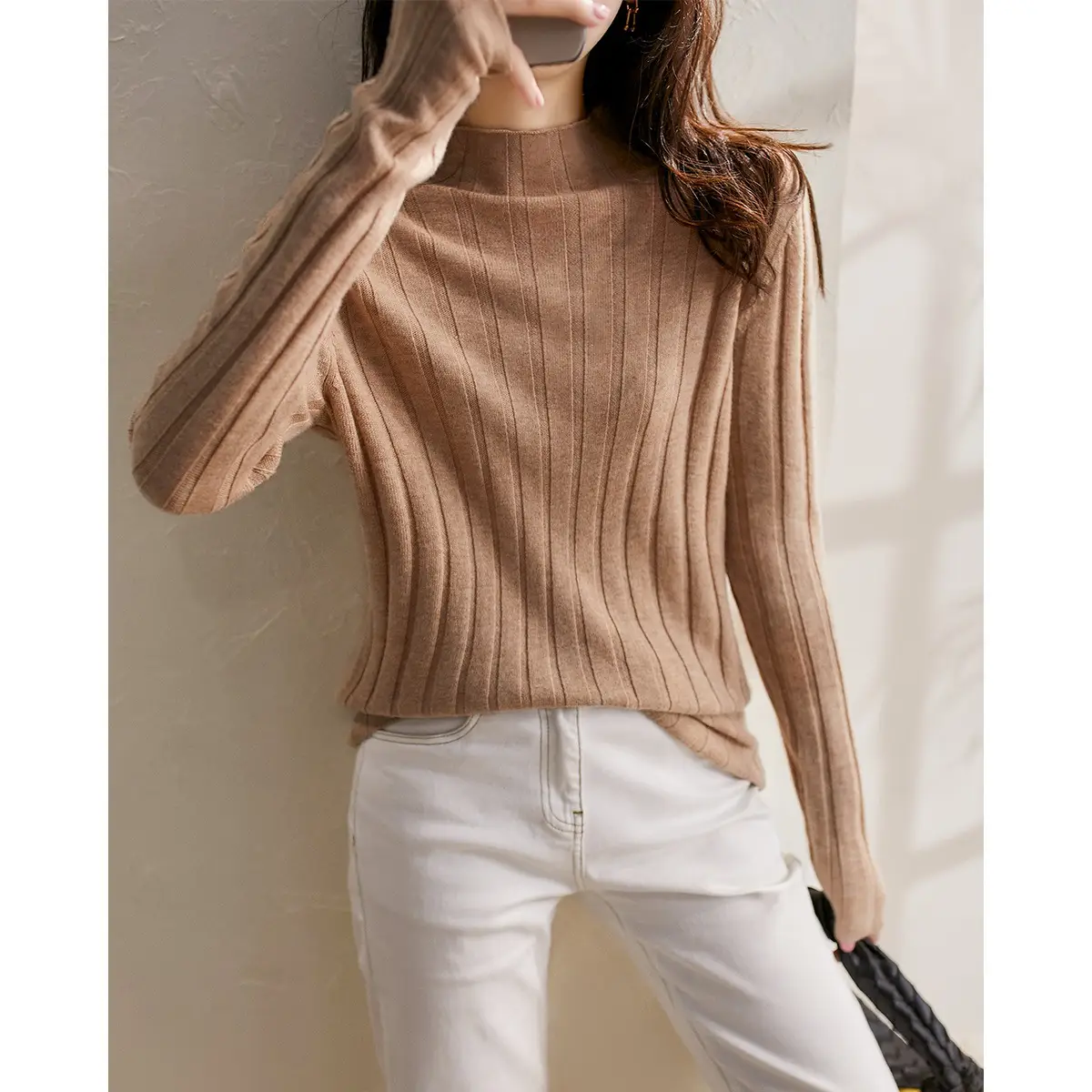 Women's Cream Knit Sweater with High Neck & Silk Skirt - Image 9
