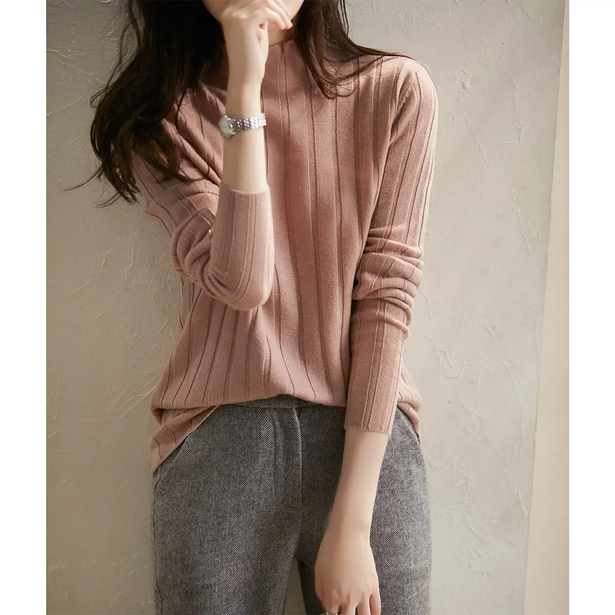 Women's Cream Knit Sweater with High Neck & Silk Skirt - Image 10