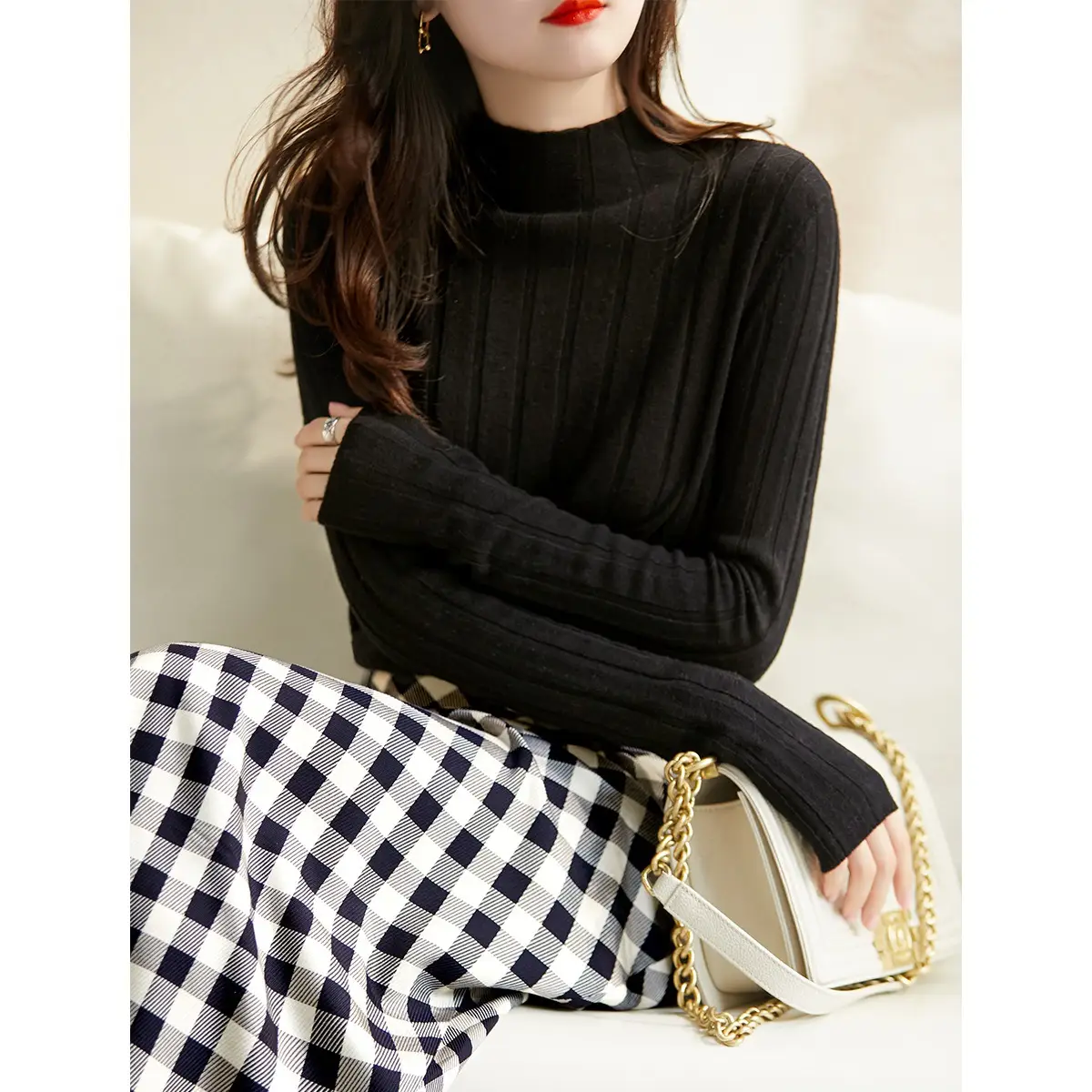 Women's Cream Knit Sweater with High Neck & Silk Skirt - Image 2