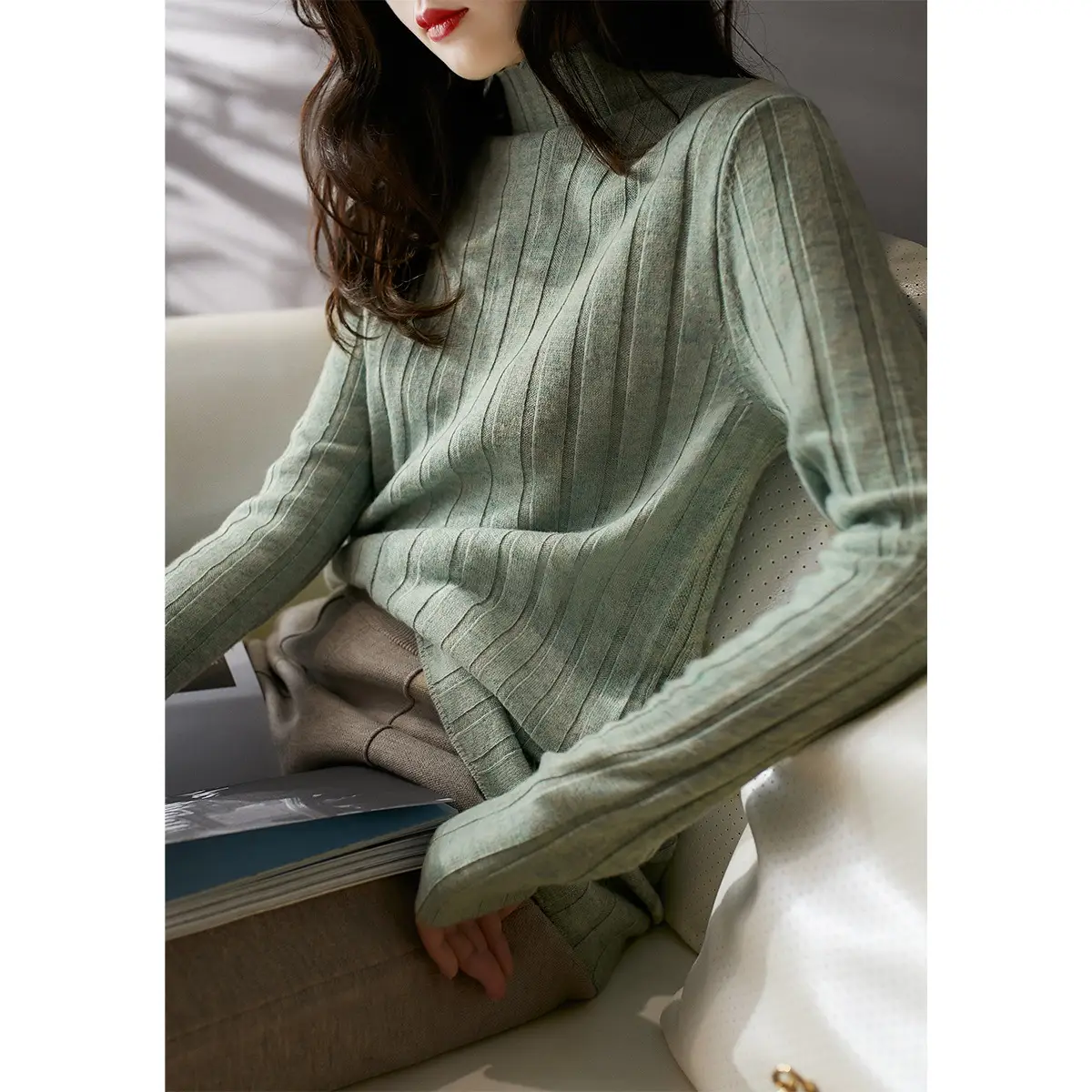 Women's Cream Knit Sweater with High Neck & Silk Skirt - Image 4