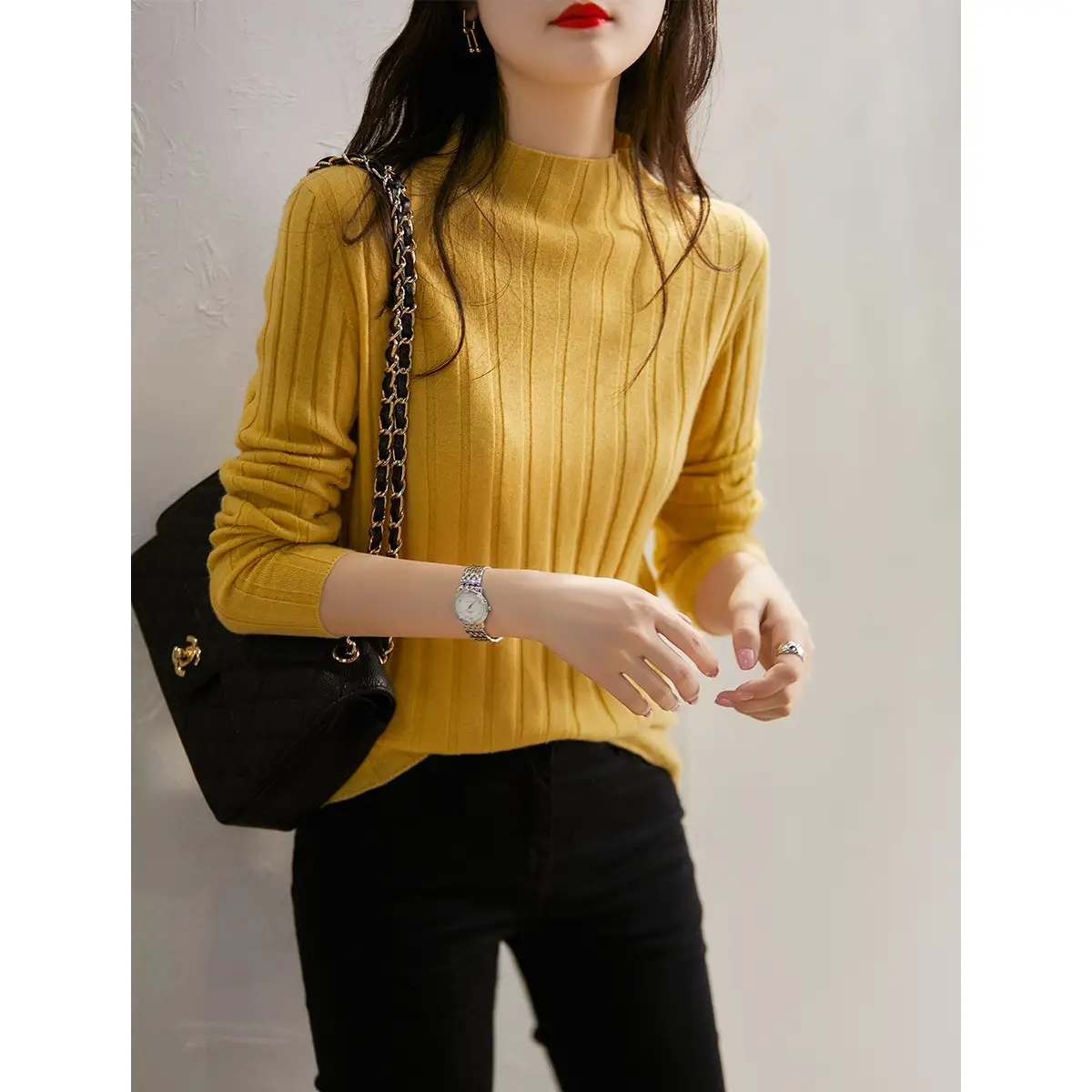 Women's Cream Knit Sweater with High Neck & Silk Skirt - Image 5