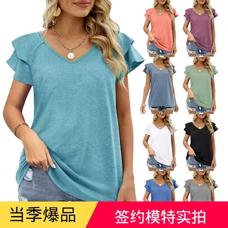 Women V Neck Ruffled Sleeve T-Shirt Blue Summer - Image 10