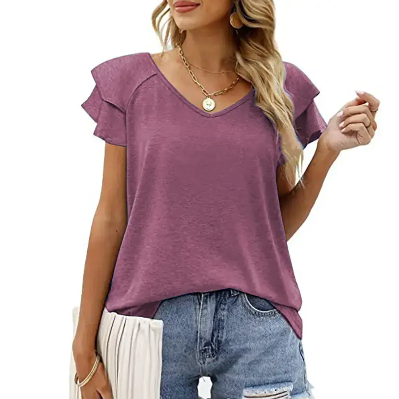 Women V Neck Ruffled Sleeve T-Shirt Blue Summer - Image 11