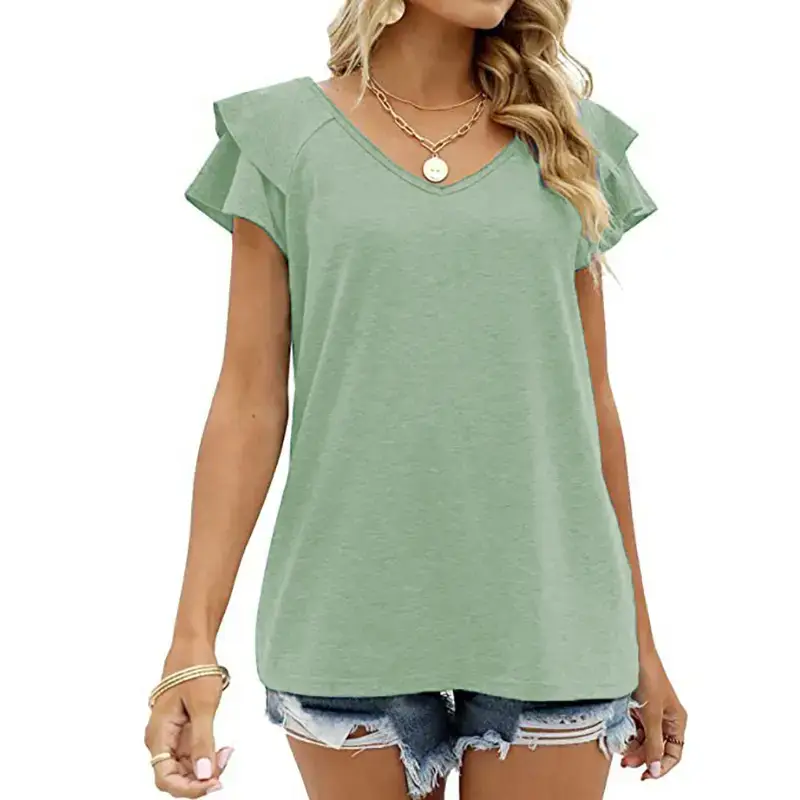 Women V Neck Ruffled Sleeve T-Shirt Blue Summer - Image 12