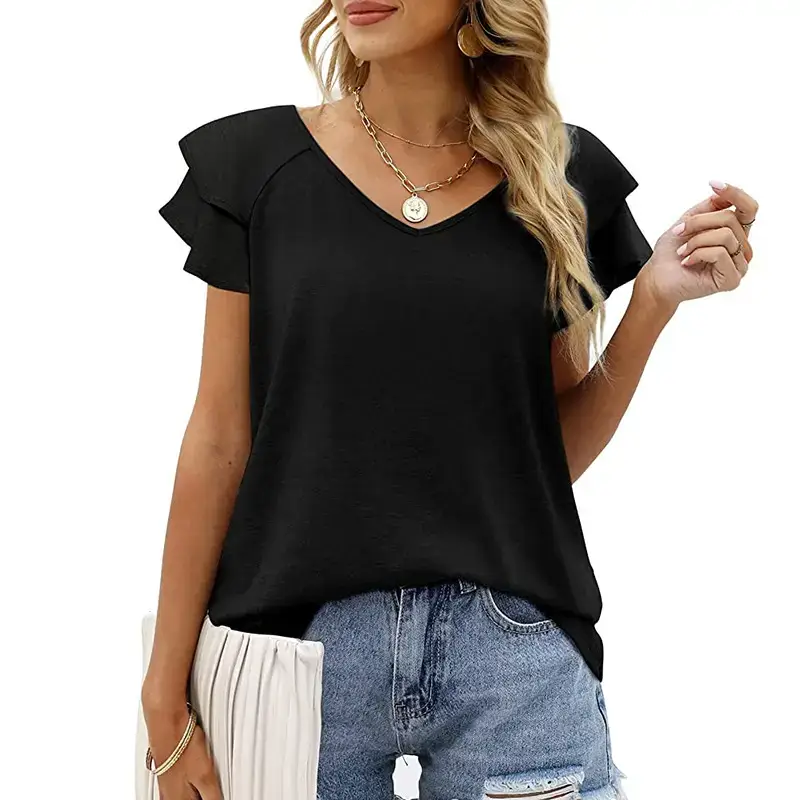 Women V Neck Ruffled Sleeve T-Shirt Blue Summer - Image 13
