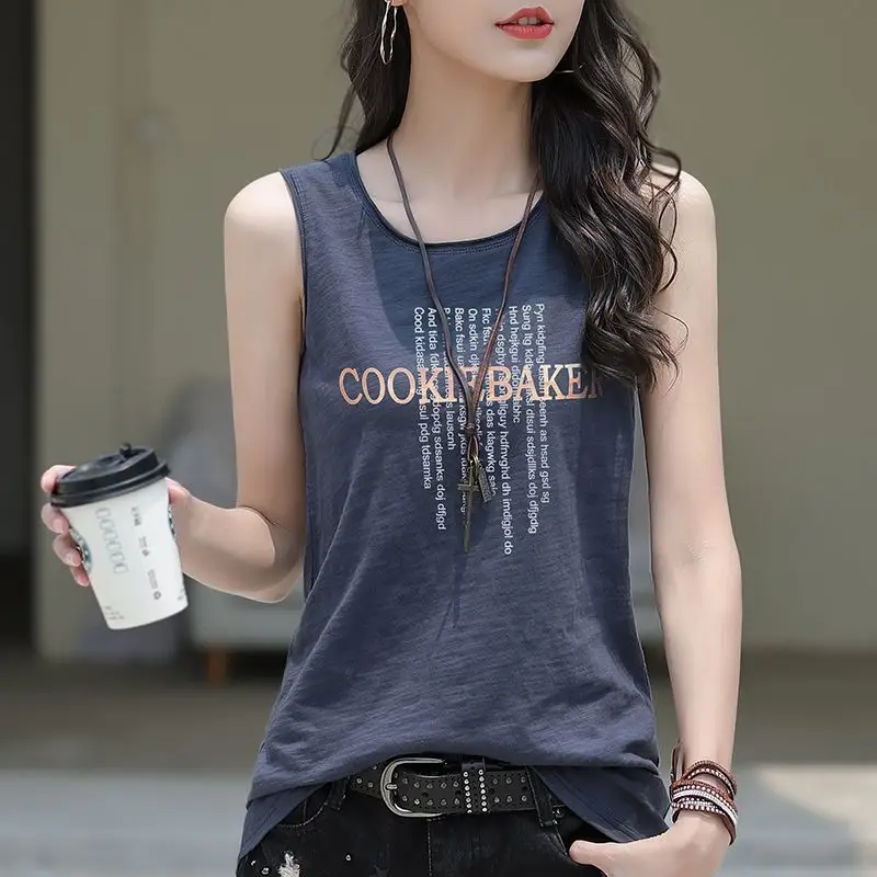 Women Printed Sleeveless T-Shirt Red Plus Size Cotton - Image 4