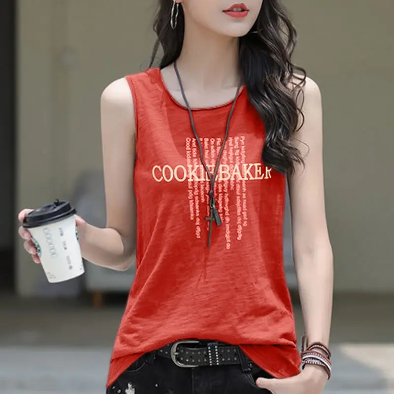 Women Printed Sleeveless T-Shirt Red Plus Size Cotton - Image 6