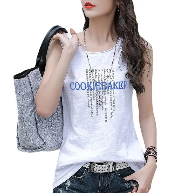 Women Printed Sleeveless T-Shirt Red Plus Size Cotton - Image 7