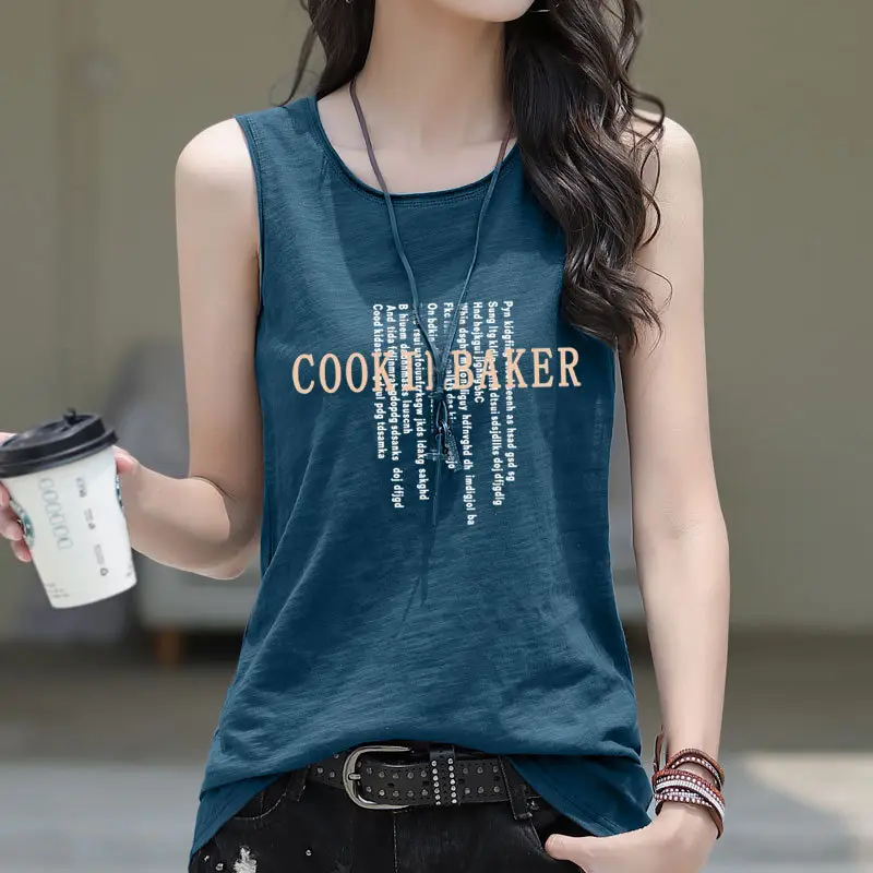 Women Printed Sleeveless T-Shirt Red Plus Size Cotton - Image 5