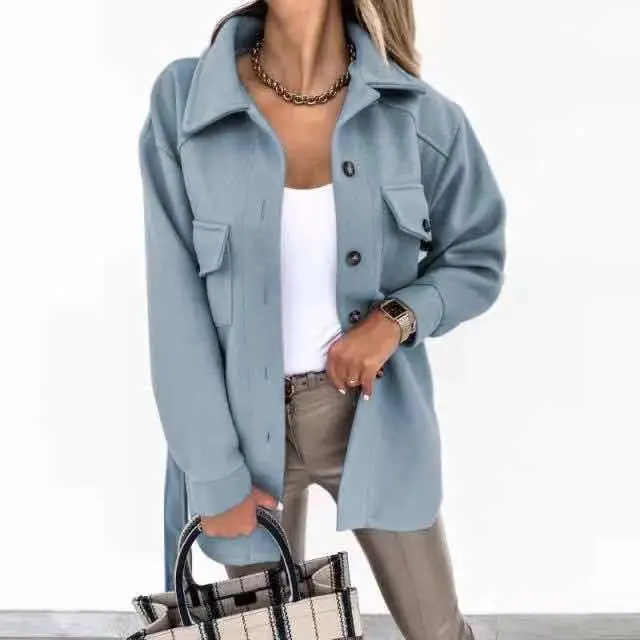 Women Woolen Lapel Shirt Coat Black 2021 Winter - Image 3