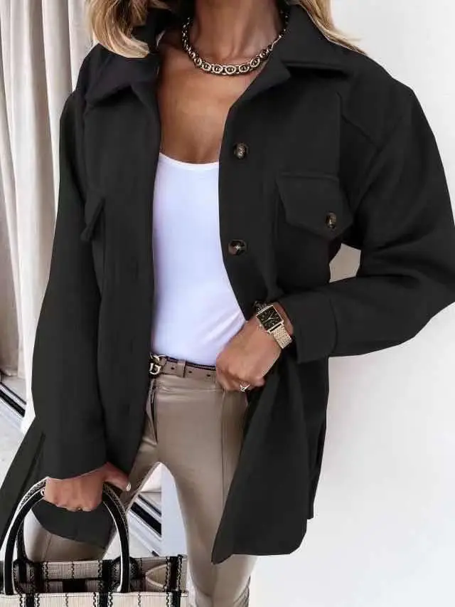 Women Woolen Lapel Shirt Coat Black 2021 Winter - Image 4